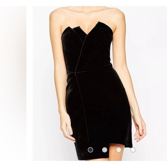 ASOS Dress Women's 2 Black Night Velvet Asymmetric Bandeau Neck Mini Lined Zip - Picture 1 of 11